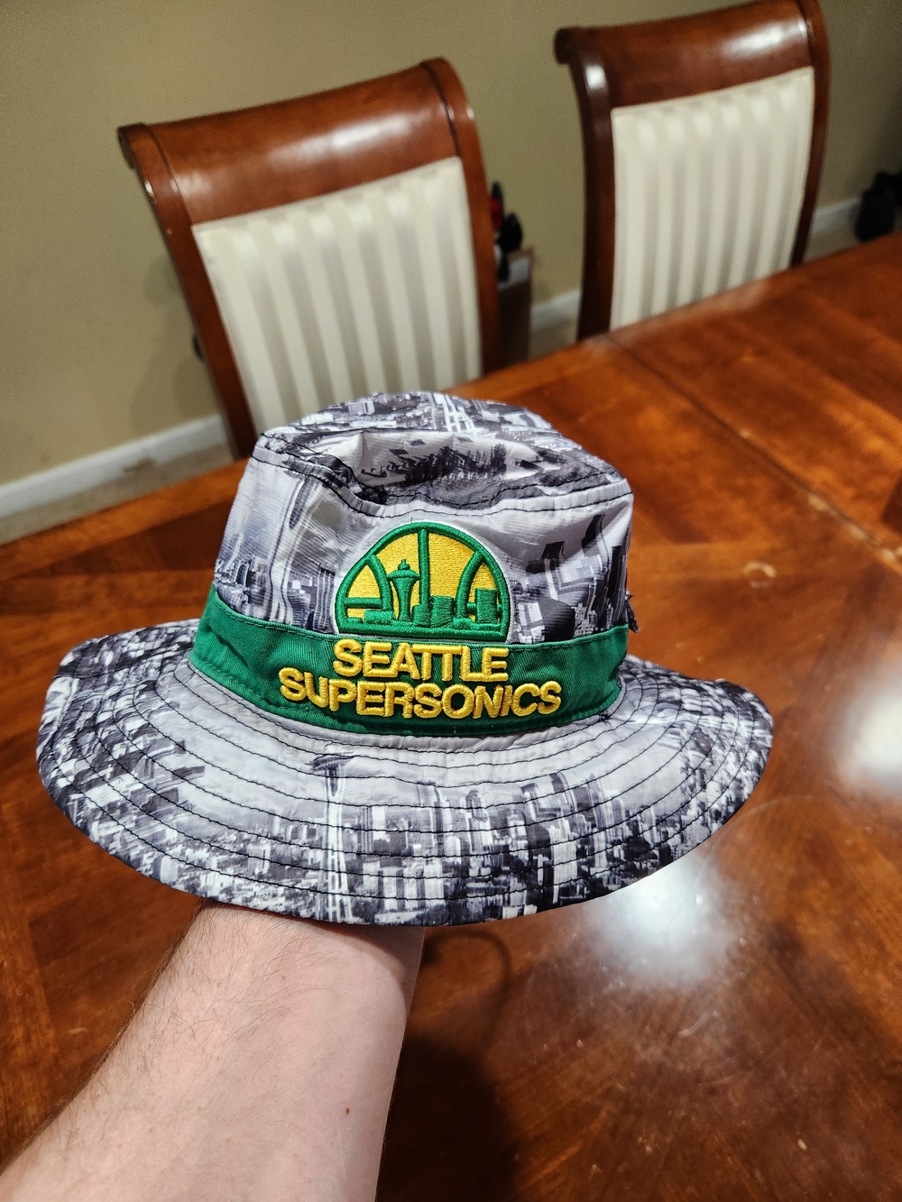 Gray Graphic Bucket Hat with Green Band